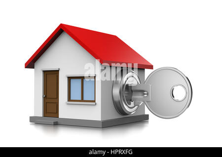 Clé de métal insérée dans une serrure en forme de maison 3D Illustration sur fond blanc Banque D'Images