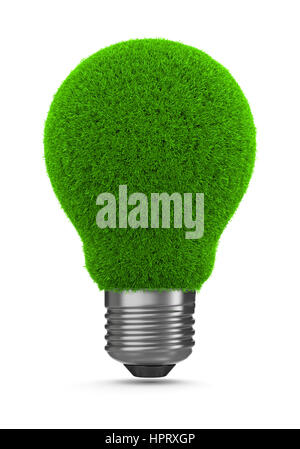 L'ampoule du feu vert de l'herbe sur fond blanc 3D Illustration, concept d'énergie verte Banque D'Images