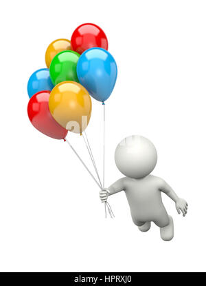 Personnage 3d blanc voler avec un tas de ballons colorés Illustration sur fond blanc Banque D'Images