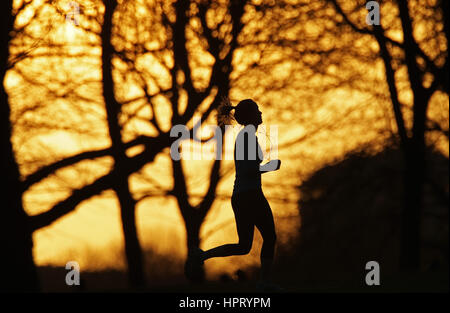 Un jogger est silhouetté contre le soleil couchant dans Regent's Park, Londres. Banque D'Images