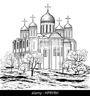 Haut lieu de la ville de Vladimir. La ville russe. La Russie voyage fond gravure. Illustration de Vecteur