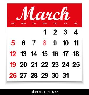 Calendrier 2017 des feuilles avec le mois de mars les jours de la semaine et les dates Illustration de Vecteur