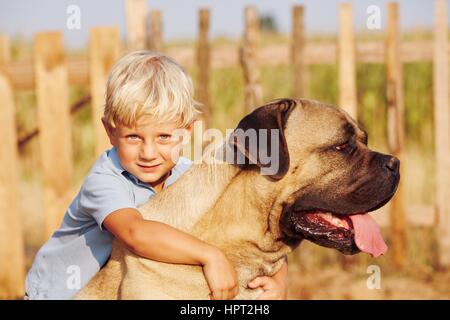 Petit garçon joue avec son gros chien. Banque D'Images