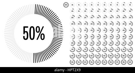 Ensemble de diagrammes cercle pourcentage de 0 à 100 pour le web design, l'interface utilisateur (UI) ou infographie - indicateur de noir Banque D'Images