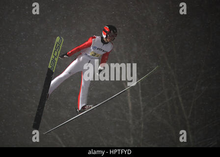 Sapporo, Japon. Feb 25, 2017. Nakamura Naoki du Japon fait concurrence au cours de la ronde finale de la grande colline de la compétition par équipe de saut à ski à la 2017 Jeux Asiatiques d'hiver à Sapporo Sapporo, Japon, le 25 février 2017. Le Japon a remporté l'or avec un total de 975,6 points. Credit : Liao Yujie/Xinhua/Alamy Live News Banque D'Images