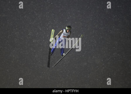 Sapporo, Japon. Feb 25, 2017. Yuken Iwasa du Japon fait concurrence au cours de la ronde finale de la grande colline de la compétition par équipe de saut à ski à la 2017 Jeux Asiatiques d'hiver à Sapporo Sapporo, Japon, le 25 février 2017. Le Japon a remporté l'or avec un total de 975,6 points. Credit : Liao Yujie/Xinhua/Alamy Live News Banque D'Images