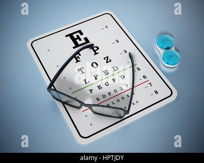 L'essai d'oeil graphique et lunettes. 3D illustration. Banque D'Images