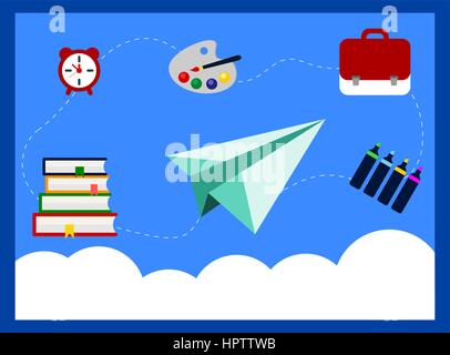 Concept Retour à l'école avec un avion en papier et fournitures scolaires. Ciel, nuages, sac d'école, horloge, livres, art palette, pinceau, surligneurs. Vector Illustration de Vecteur