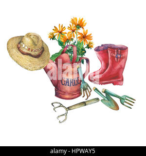 Vintage red garden arrosoir avec un bouquet de fleurs jaunes, des bottes en caoutchouc rouge, chapeau de feutre et solaire Outils de jardin. L'aquarelle à la main Banque D'Images