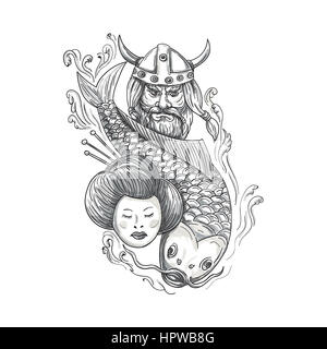 Illustration style de tatouage d'une tête d'un norseman guerrier viking raider barbare le port du casque à cornes avec barbe, carpes koï et plongée poisson geisha gi Banque D'Images
