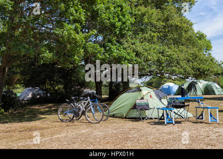 La taille de la famille et des petites tentes sous les arbres de chêne dans un autre site de camping , avec deux vélos ,table et chaises à l'extérieur . Banque D'Images