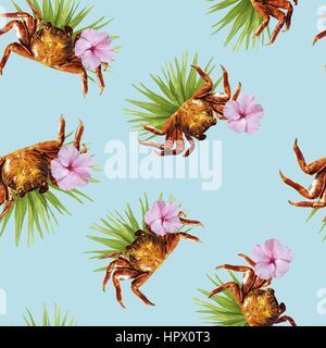 Motif transparent tropicales exotiques avec impression nature d'été décoration. Plage comprend le crabe, l'hibiscus et de feuilles de palmier. Illustration de Vecteur