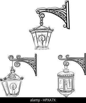 Vintage jeu de lanternes luminescents rue couverte de neige, suspendu à un consoles décoratives. Les contours. Vector Illustration de Vecteur