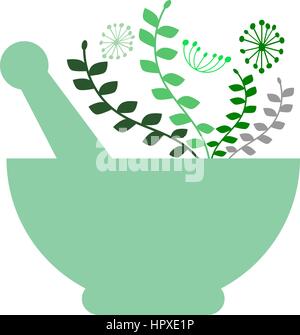 Mortier et pilon avec des herbes vertes. Les plantes médicinales. Pharmacie, homéopathie, médecine alternative, concept. Naturel, phytothérapie. Isolés, vecteur. Illustration de Vecteur