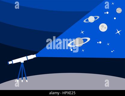 Affichage de l'univers à travers un télescope. Matériel d'astronomie. Ciel de nuit, les planètes, les étoiles, l'espace. L'exploration, la recherche, la curiosité,concept. Vector Illustration de Vecteur