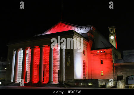 Southampton Guildhall, Hampshire, Royaume-Uni, allumé dans les couleurs de Southampton Football club de nuit Banque D'Images