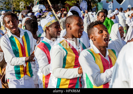 Les chrétiens éthiopiens Timkat (Epiphanie) célèbre Jan, terrain de sport, Meda, Addis Abeba, Ethiopie Banque D'Images