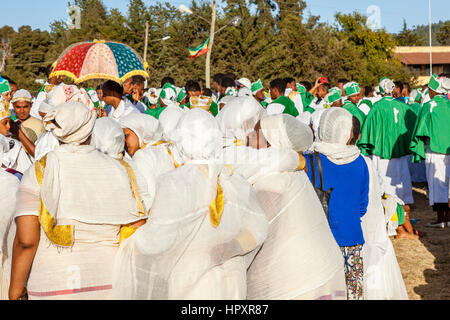 Les chrétiens éthiopiens Timkat (Epiphanie) célèbre Jan, terrain de sport, Meda, Addis Abeba, Ethiopie Banque D'Images