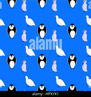 Cartoon motif de fond d'oiseaux sans couture. Pinguin Pigeon et Owl. Vector illustration Banque D'Images