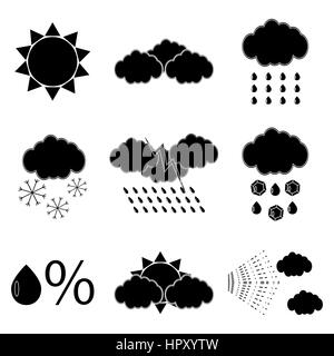 Météorologie silhouette noire icons set. Chaud la température de l'icône, bouton web météorologie nature, vector illustration Banque D'Images