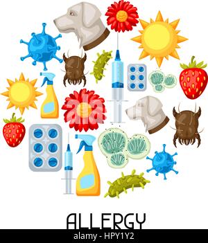 L'allergie. Arrière-plan avec les allergènes et les symboles. Vector illustration pour sites web médicaux Médicaments publicité Illustration de Vecteur