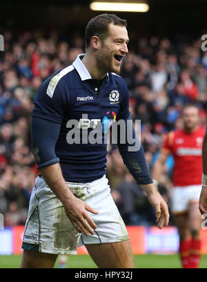 Scotland's Tim Visser fête marquant un essai pendant le Tournoi RBS 6 Nations match à Murrayfield, Edinburgh BT. Banque D'Images