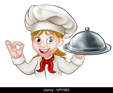 Une femme chef femme personnage tenant un besant d'argent ou au plateau cloche Banque D'Images