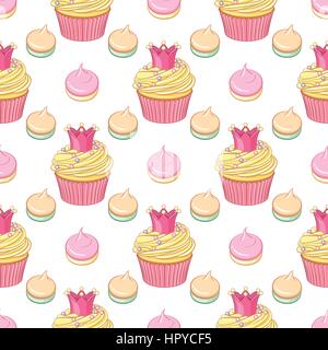 Cute pink princess crown cupcakes et meringues vector pattern transparente sur fond blanc. Illustration de Vecteur