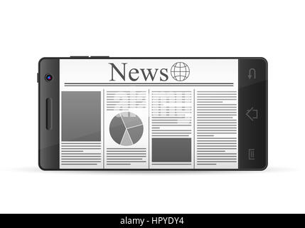 Téléphone avec journal sur un fond blanc. Banque D'Images