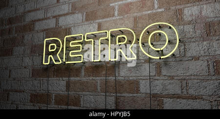RETRO - Glowing Neon Sign sur mur en pierre - rendu 3D illustration libres de droits. Peut être utilisé pour des bannières publicitaires en ligne et de publipostage. Banque D'Images