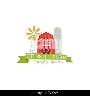 Frais de la ferme concept logo. Modèle avec paysage agricole, moulin à vent. Pour l'étiquette des produits agricoles naturelles. Logotype colorées isolé sur fond blanc. Vector illustration. Illustration de Vecteur