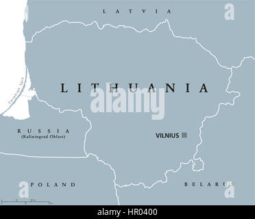 Carte politique de la Lituanie, Vilnius, la capitale avec les frontières nationales et les pays voisins. Au nord de l'Europe, l'un des trois états baltes. Banque D'Images