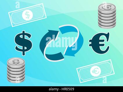 À partir de la conversion de devises dollar à l'euro et vice-versa. Dollar et Euro signe avec des flèches.élégant fond bleu clair avec des pièces auxiliaires. Vector Illustration de Vecteur