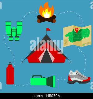 Entouré de la tente camping ou l'équipement de plein air. Icônes de randonnée Camping.concept.L'équipement de plein air et d'accessoires. Tente, map, feu de camp chaussure de randonnée, Illustration de Vecteur