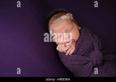 Dormir, neuf jours de fille de bébé nouveau-né emmailloté dans un emballage violet. Tourné dans le studio sur la matière. Banque D'Images