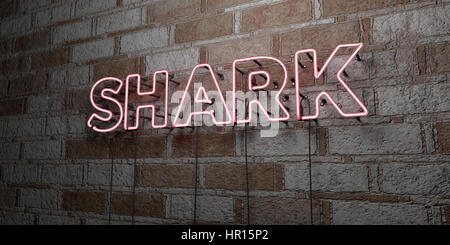 SHARK - Glowing Neon Sign sur mur en pierre - rendu 3D illustration libres de droits. Peut être utilisé pour des bannières publicitaires en ligne et de publipostage. Banque D'Images