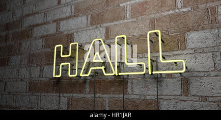 HALL - Glowing Neon Sign sur mur en pierre - rendu 3D illustration libres de droits. Peut être utilisé pour des bannières publicitaires en ligne et de publipostage. Banque D'Images