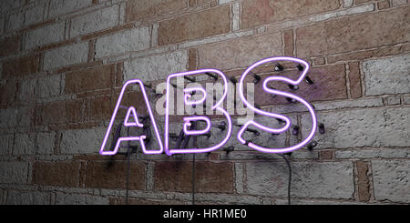 ABS - Glowing Neon Sign sur mur en pierre - rendu 3D illustration libres de droits. Peut être utilisé pour des bannières publicitaires en ligne et de publipostage. Banque D'Images