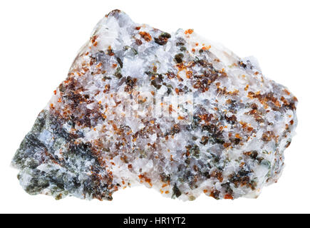 La prise de vue macro de collection géologique minéral - Spécimen de calcite rock avec brown Chondrodite et diopside vert isolé sur blanc zone de cristaux Banque D'Images