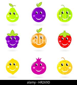 10378935 - cute cartoon vector icons - fruité orange, prune, pomegrenate, pastèque ou blackberry etc. isolé sur fond blanc. Banque D'Images