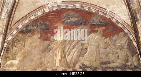 Paolo Uccello, un peintre italien du début de la Renaissance, a créé la fresque "Création des animaux et Adam" entre 1432 et 1436, représentant la Création d'Adam, des animaux et Ève, et le Péché originel, dans le cloître de Santa Maria Novella à Florence. Banque D'Images