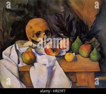 « Nature morte au Crane » de Paul Cézanne est une nature morte qui présente un crâne humain parmi divers objets, mettant en valeur l’approche distinctive de Cézanne en matière de composition et de forme. La peinture met l'accent sur la disposition minutieuse des objets, capturant à la fois leur physique solide et le jeu de lumière et d'ombre qui apporte de la profondeur à la composition. Banque D'Images