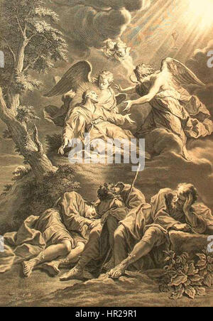 'Le Christ au jardin des oliviers' de Pierre Imbert Drevet représente le Christ dans le jardin de Gethsémani, un moment charnière de la théologie chrétienne. La gravure de Drevet illustre la profondeur émotionnelle et la signification religieuse de cet événement biblique. Banque D'Images