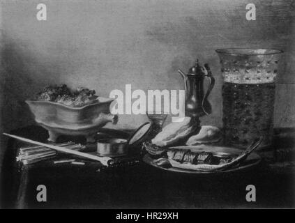 Le « Breakfast Pieter Claesz » est une peinture de natures mortes renommée du 17ème siècle, représentant une table de petit-déjeuner soigneusement agencée avec des détails et des textures fins. L'utilisation habile de la lumière et de l'ombre par Claesz met en valeur les textures riches des objets du quotidien, célébrant l'accent mis par l'âge d'or néerlandais sur la beauté des objets banals. Banque D'Images