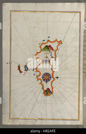 La carte de Piri Reis représente l'île d'Anafi, située à l'est de Thera (Santorin). Créée au début du XVIe siècle, cette carte du monde ottomane est connue pour son rendu détaillé de la géographie méditerranéenne, combinant les connaissances de diverses sources, y compris les explorations européennes, islamiques et locales. Banque D'Images