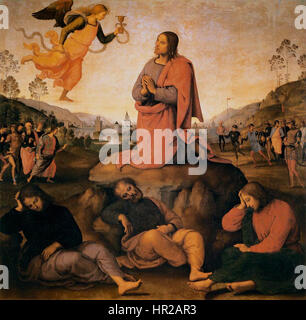 *Prière dans le jardin* de Pietro Perugino représente Christ dans le jardin de Gethsémani, priant avant son arrestation. La peinture reflète la profondeur émotionnelle et le symbolisme religieux du moment, capturés dans le paysage serein. Banque D'Images