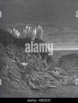 Paradise Lost est un poème épique de John Milton, avec cette illustration représentant des scènes de la chute de l'homme, mettant en valeur les thèmes de la tentation et de l'intervention divine. Banque D'Images