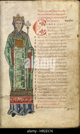 Une personnification de la Philosophie, tirée d'un manuscrit de "Le Consolations de la Philosophie" de Boèce, vers 1230, tenant un livre avec une échelle représentant les sept Arts libéraux : Grammatica, Dialectica, Rhetorica, Arithmetica, Geometria, Musica et Astronomia. Banque D'Images