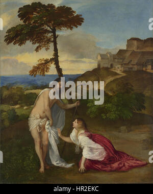 'Noli me tangere' de Titien est une peinture de la Renaissance représentant le moment où le Christ apparaît à Marie-Madeleine après sa résurrection, lui demandant de ne pas le toucher. L'œuvre capture la signification spirituelle de l'événement à travers des figures expressives et l'utilisation de couleurs vibrantes. Banque D'Images
