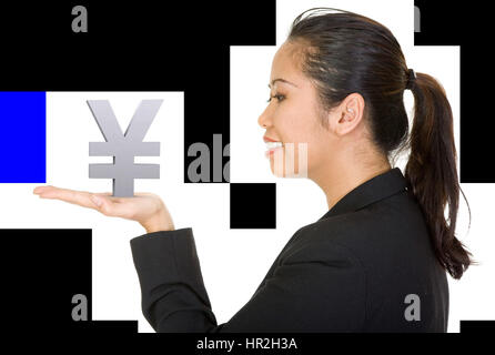 Asian business woman holding a yen sur sa main sur un fond blanc Banque D'Images